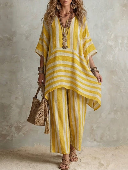 Elliotte - Striped Tunic and Wide Leg Trousers Set - Olive