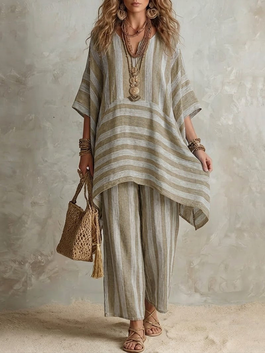 Elliotte - Striped Tunic and Wide Leg Trousers Set - Olive