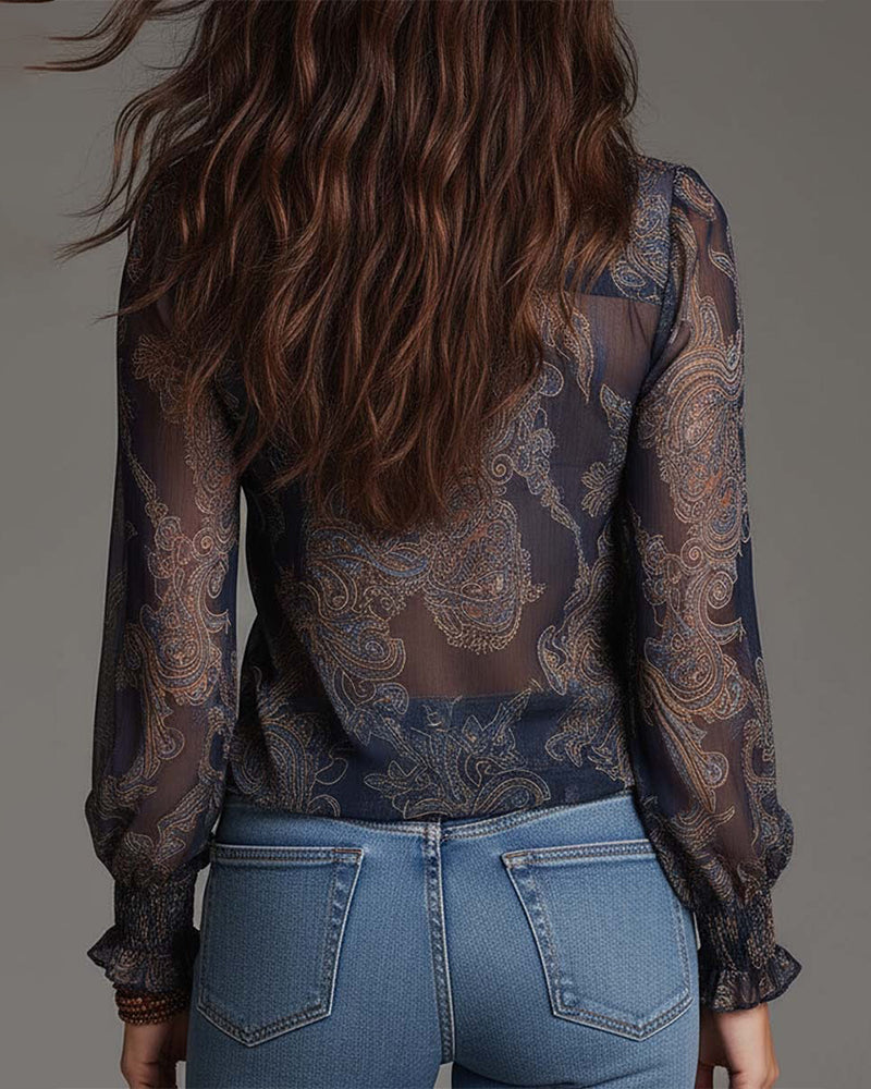Norayi - Soft-Touch Printed V-Neck Ruffle-Sleeve Blouse - Black
