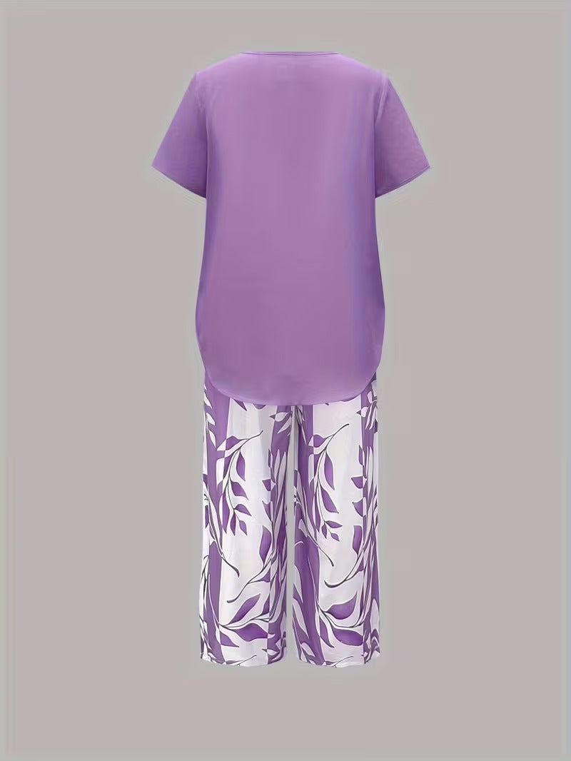 Samirae - Breezy Leaf-Print Two-Piece Set - Purple