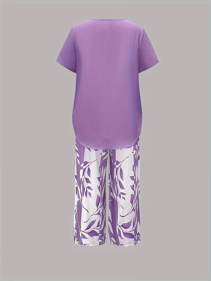 Samirae - Breezy Leaf-Print Two-Piece Set - Purple