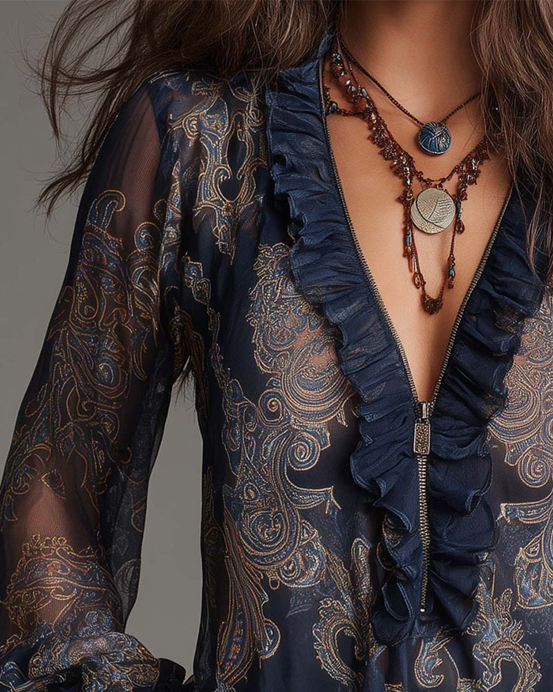 Norayi - Soft-Touch Printed V-Neck Ruffle-Sleeve Blouse - Black
