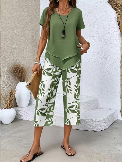 Samirae - Breezy Leaf-Print Two-Piece Set - Green