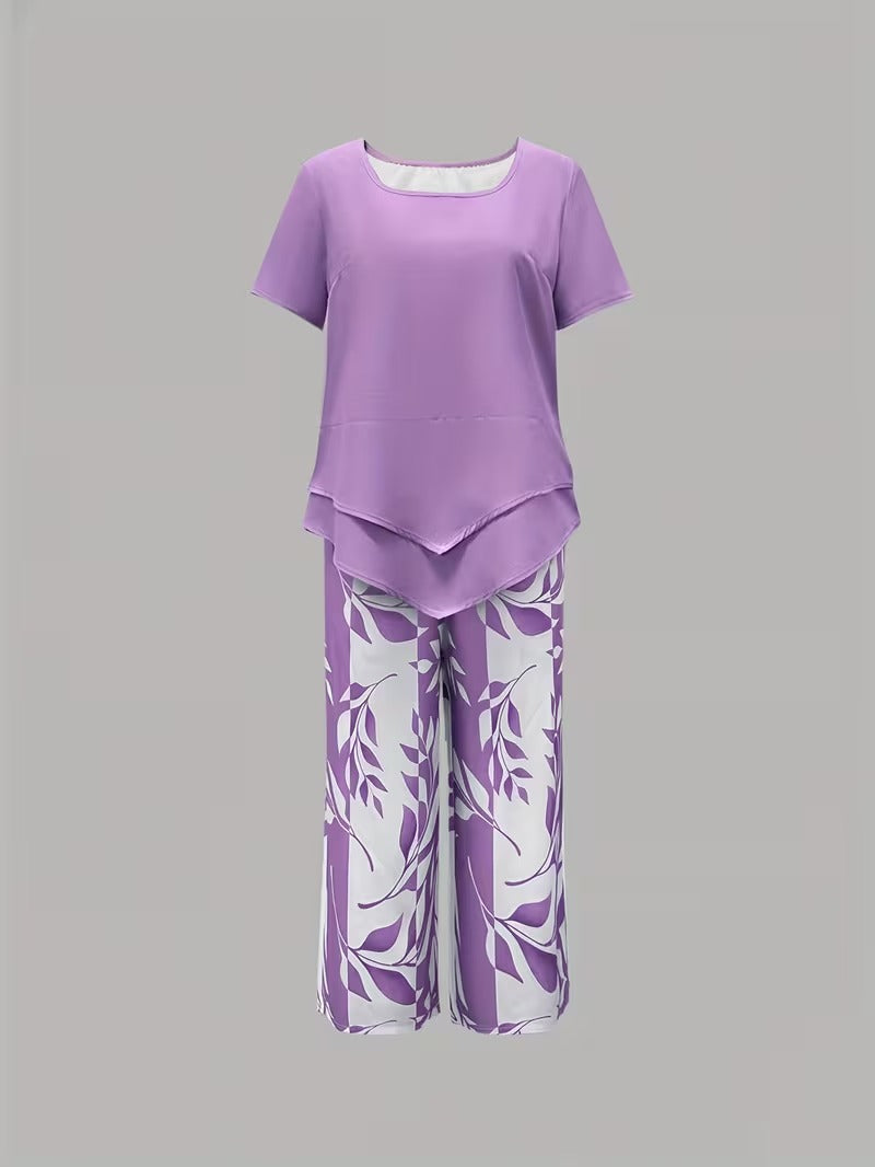 Samirae - Breezy Leaf-Print Two-Piece Set - Purple