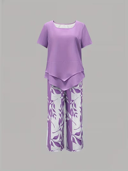 Samirae - Breezy Leaf-Print Two-Piece Set - Purple