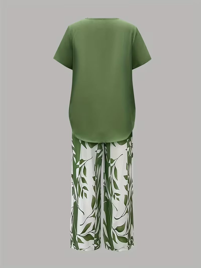 Samirae - Breezy Leaf-Print Two-Piece Set - Green