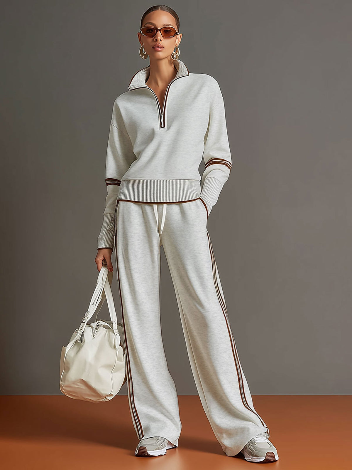 Honora - Soft-Touch Wide-Leg Two-Piece Set - Grey White