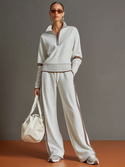 Honora - Soft-Touch Wide-Leg Two-Piece Set - Grey White