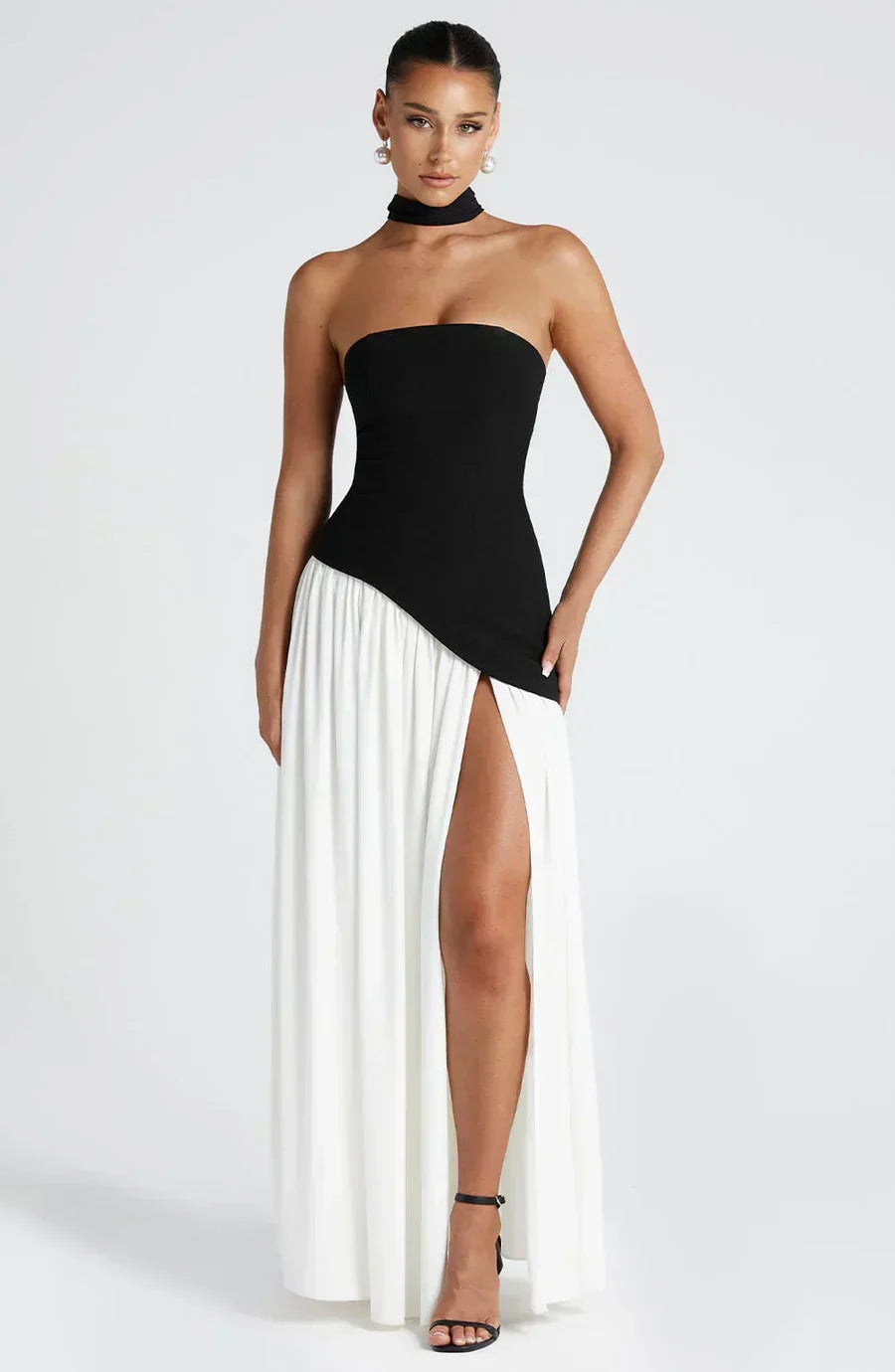 Rynellea - Elegant Strapless Evening Dress - Black/White
