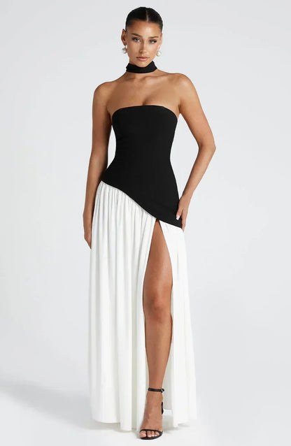 Rynellea - Elegant Strapless Evening Dress - Black/White