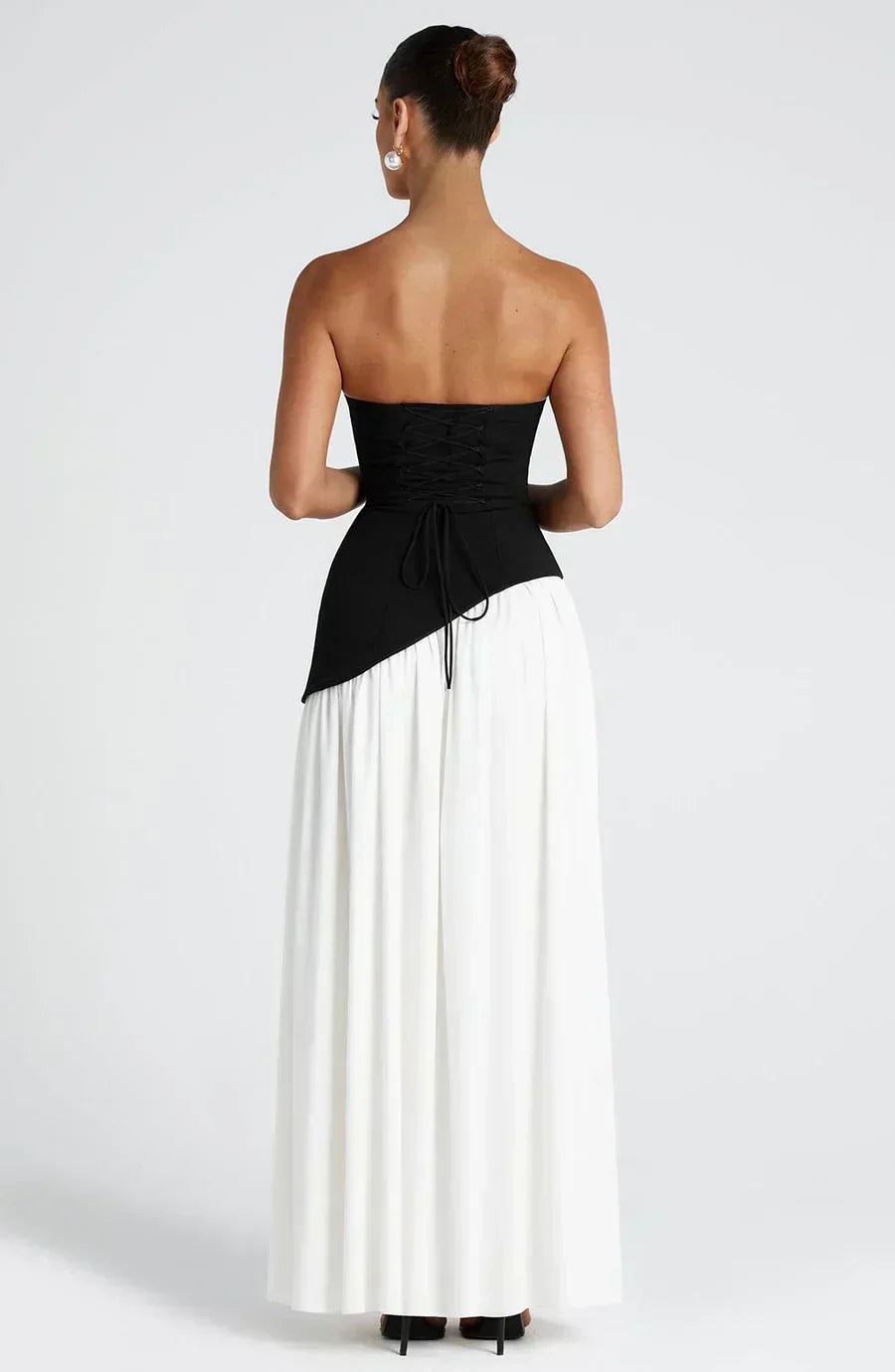 Rynellea - Elegant Strapless Evening Dress - Black/White