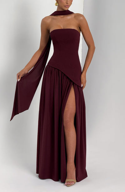 Rynellea - Elegant Strapless Evening Dress - Burgundy