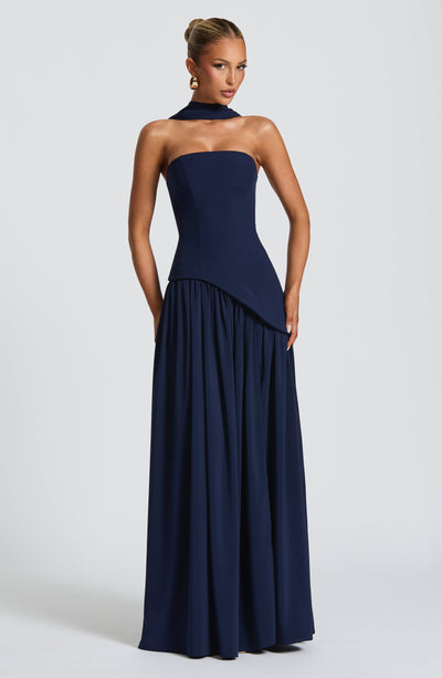 Rynellea - Elegant Strapless Evening Dress - Navy Blue