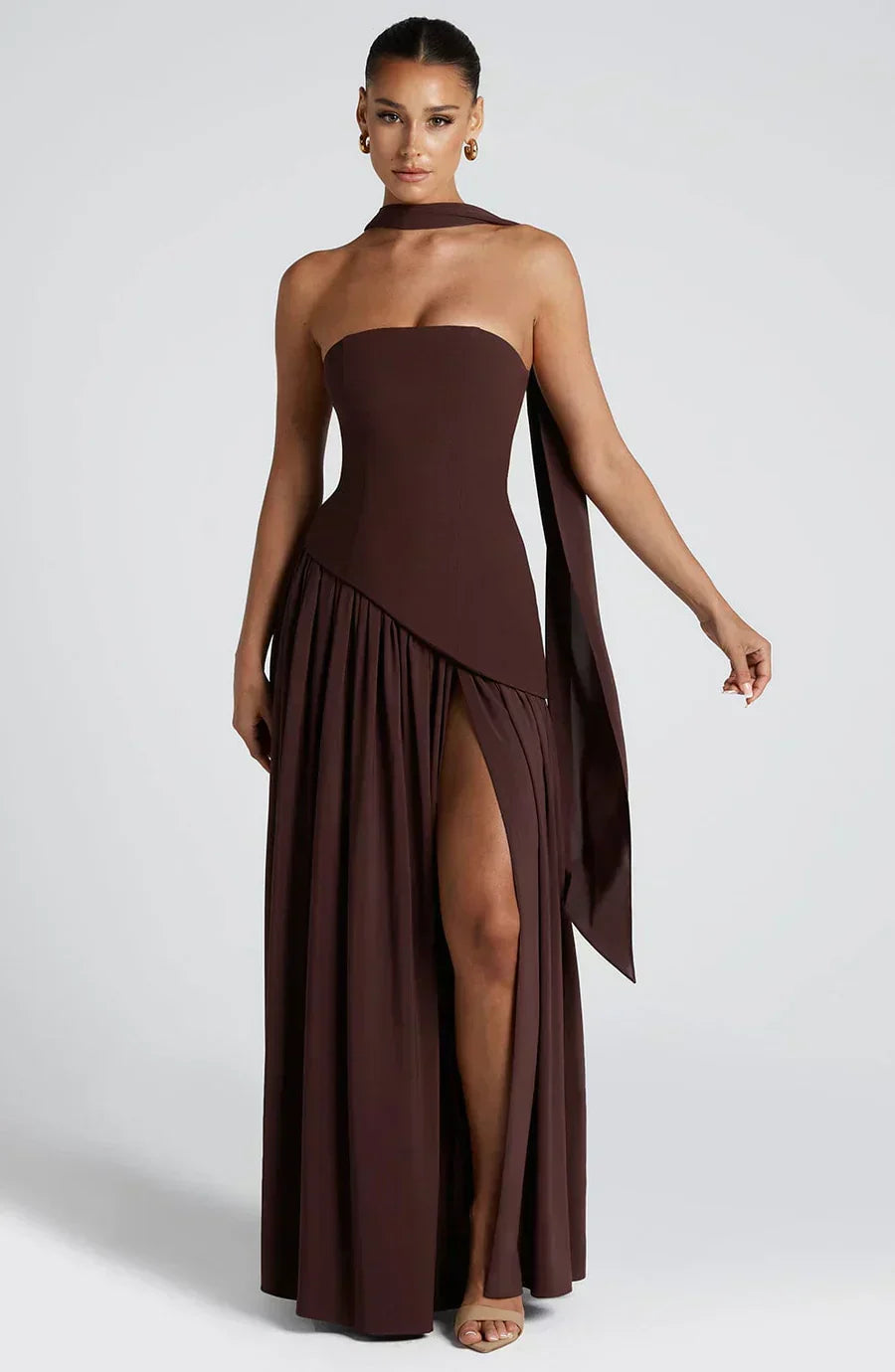 Rynellea - Elegant Strapless Evening Dress - Brown Purple