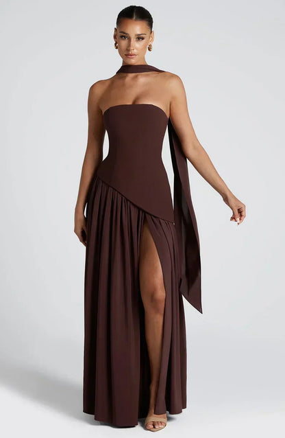 Rynellea - Elegant Strapless Evening Dress - Brown Purple