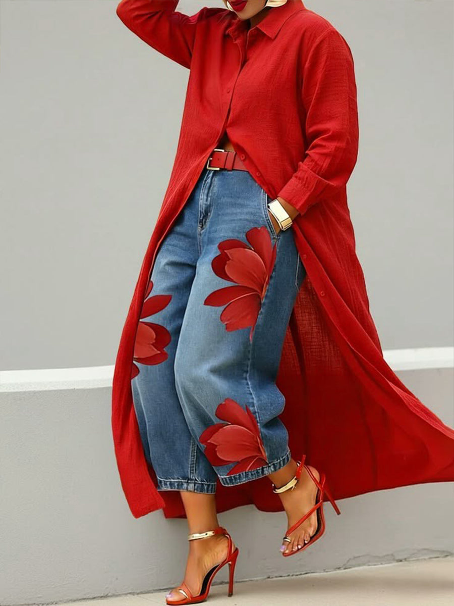 Rhona - Button Down Shirt and Printed Jeans Set - Red