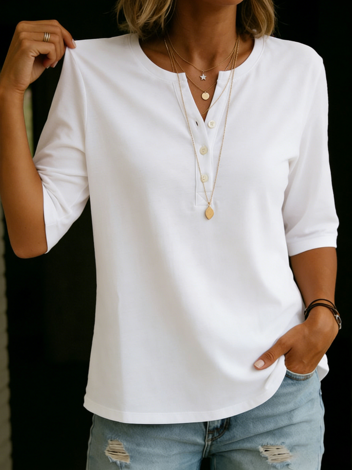 Brianna - Button Detail Casual Blouse - Black