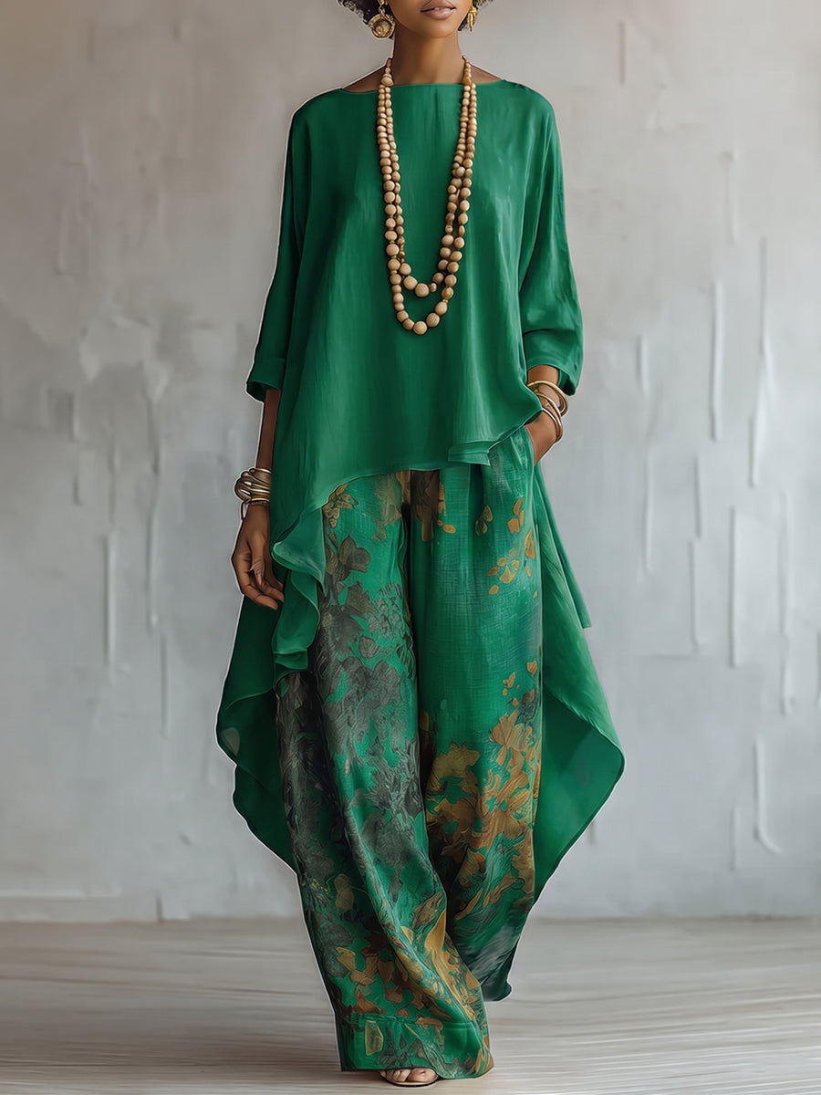 Zafira - Flowing Tunic and Printed Wide Leg Trousers Set - Blue