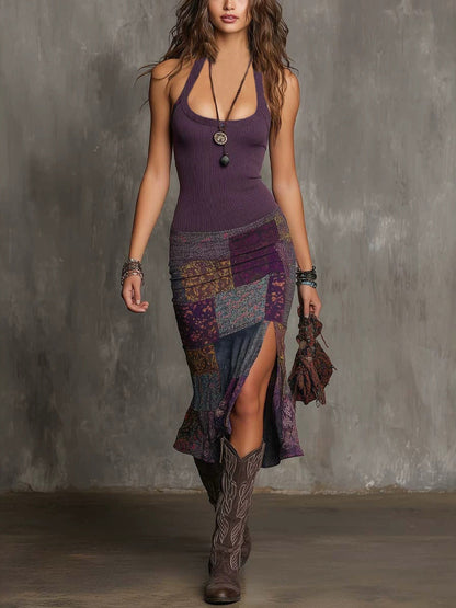 Wisteria - Boho Patchwork Linen Dress - Purple