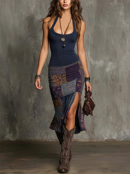 Wisteria - Boho Patchwork Linen Dress - Purple