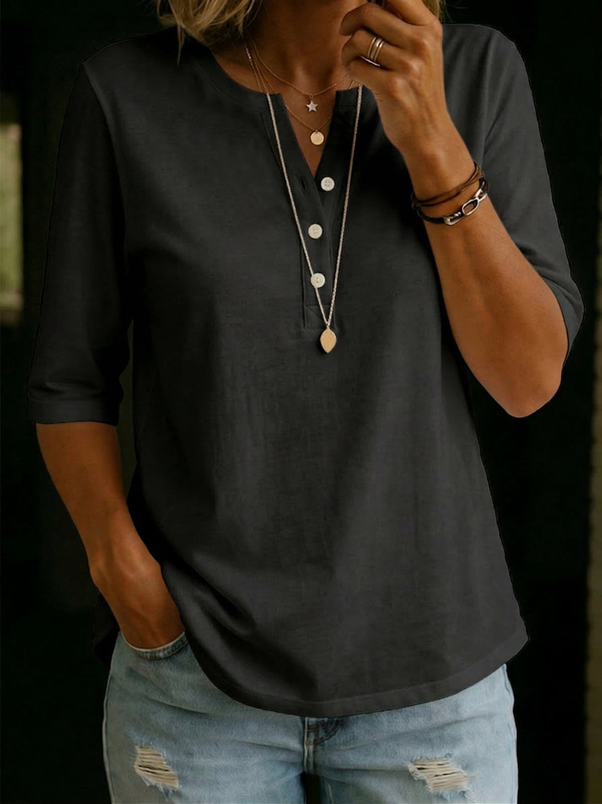 Brianna - Button Detail Casual Blouse - Blue