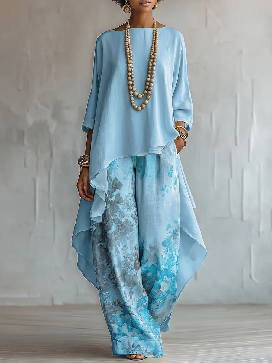 Zafira - Flowing Tunic and Printed Wide Leg Trousers Set - Green