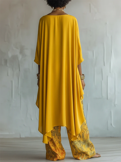 Zafira - Flowing Tunic and Printed Wide Leg Trousers Set - Blue