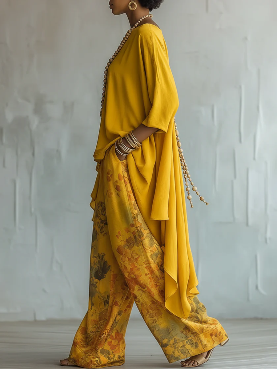 Zafira - Flowing Tunic and Printed Wide Leg Trousers Set - Blue