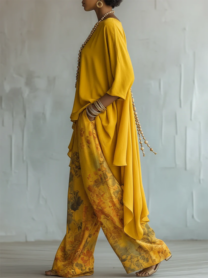 Zafira - Flowing Tunic and Printed Wide Leg Trousers Set - Blue