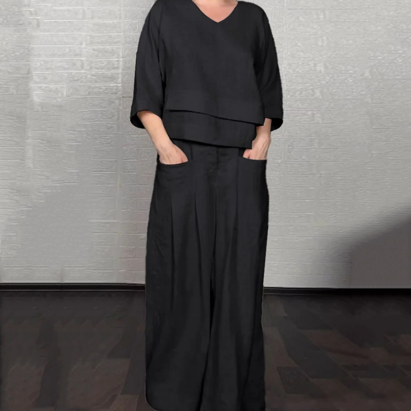 Tania - Breezy Linen Two-Piece Set - Black