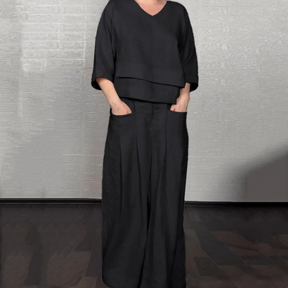Tania - Breezy Linen Two-Piece Set - Black