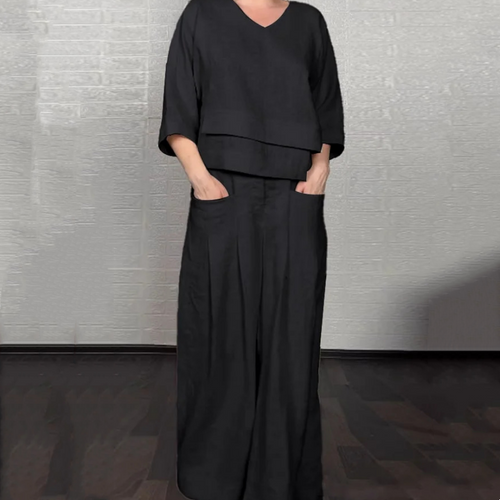 Tania - Breezy Linen Two-Piece Set - Black