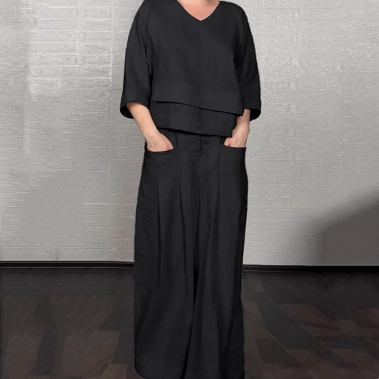 Tania - Breezy Linen Two-Piece Set - Black