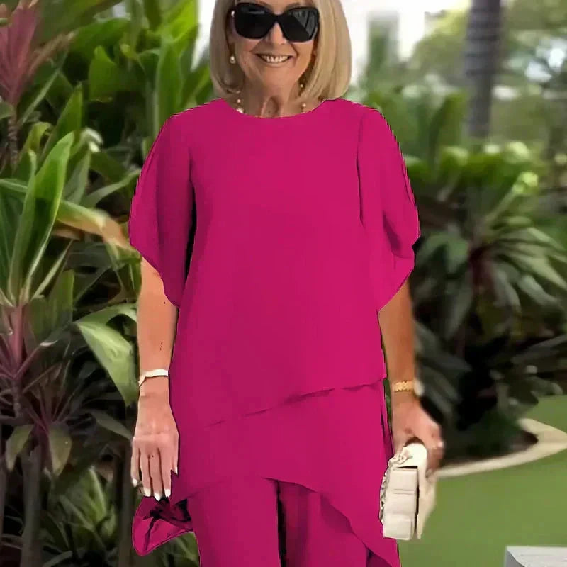 Jessenia - Layered Tunic and Trousers Set - Pink