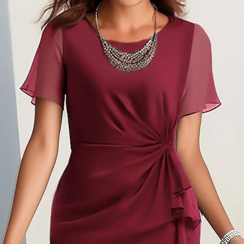 Arletta - Soft-Touch Gathered-Waist Dress - Burgundy