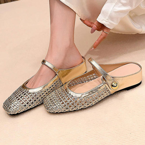 Ulia - Breathable Square-Toe Mary Jane Mules - Gold