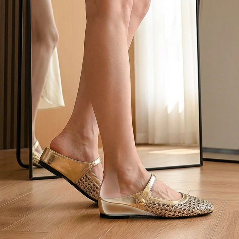 Ulia - Breathable Square-Toe Mary Jane Mules - Gold