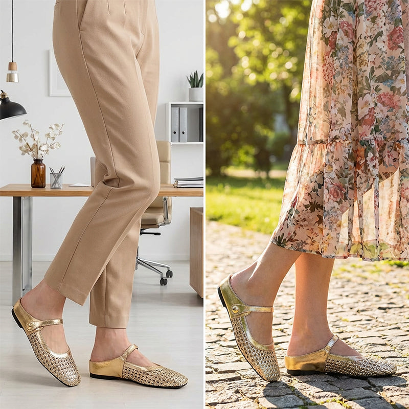 Ulia - Breathable Square-Toe Mary Jane Mules - Gold