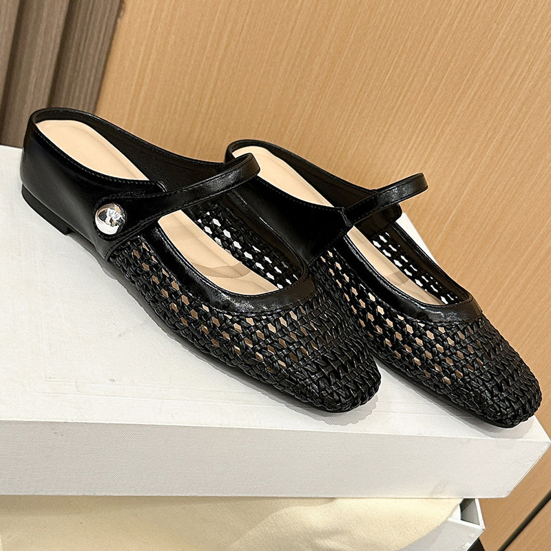 Ulia - Breathable Square-Toe Mary Jane Mules - Black