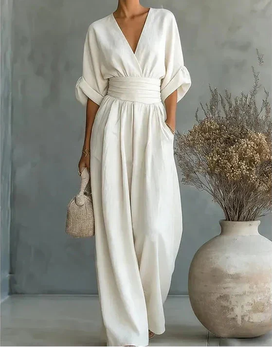 Xylora - Premium V-Neck Wide-Leg Jumpsuit - White
