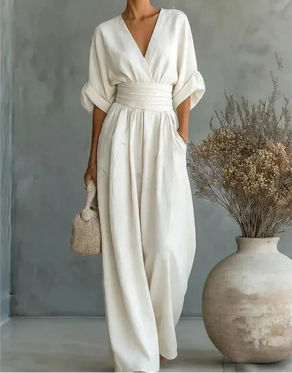 Xylora - Premium V-Neck Wide-Leg Jumpsuit - White