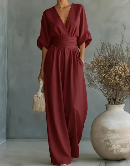 Xylora - Premium V-Neck Wide-Leg Jumpsuit - White