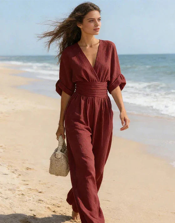 Xylora - Premium V-Neck Wide-Leg Jumpsuit - White