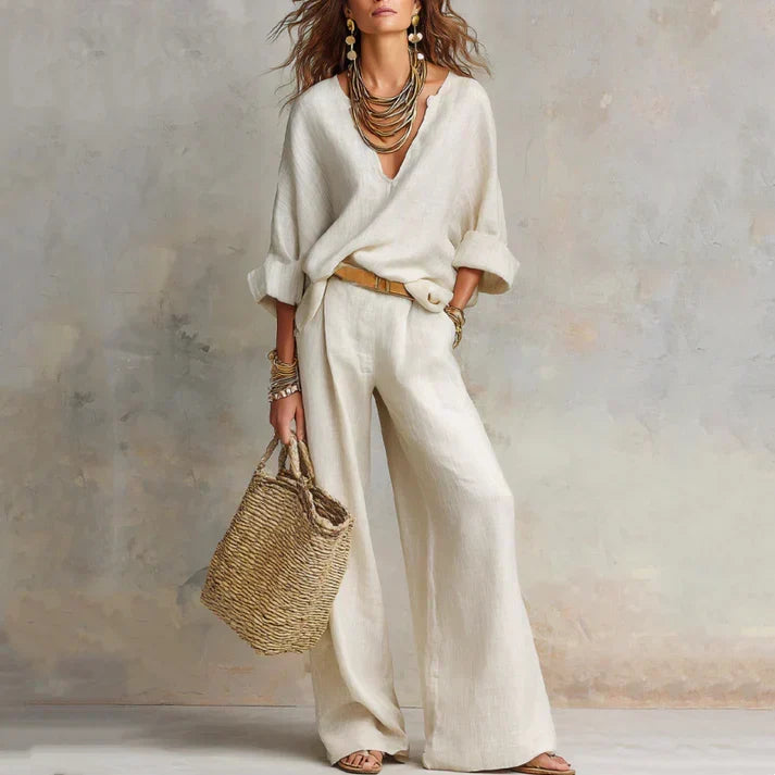 Zelora - Lightweight V-Neck Top & Wide-Leg Pants Set - Pink
