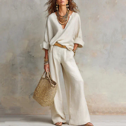 Zelora - Lightweight V-Neck Top & Wide-Leg Pants Set - Pink
