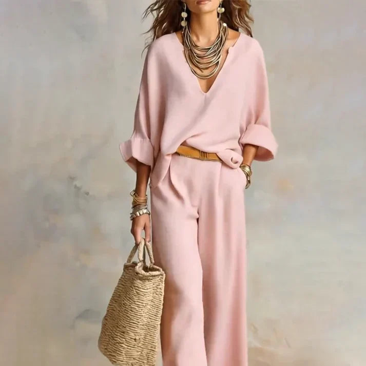 Zelora - Lightweight V-Neck Top & Wide-Leg Pants Set - Beige