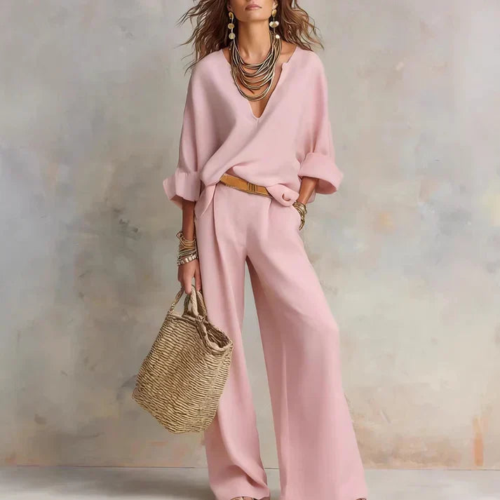 Zelora - Lightweight V-Neck Top & Wide-Leg Pants Set - Pink