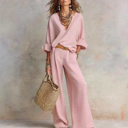 Zelora - Lightweight V-Neck Top & Wide-Leg Pants Set - Pink