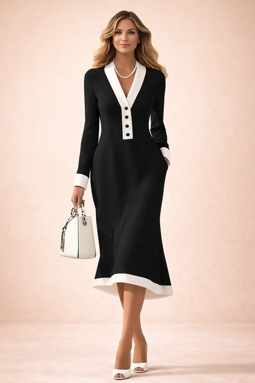 Seleneva - Soft-Touch V-Neck Midi Dress - Black